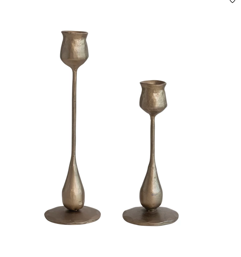 Drop Hand-Forged Iron Taper Holders, Antique Brass Finish, Set of 2