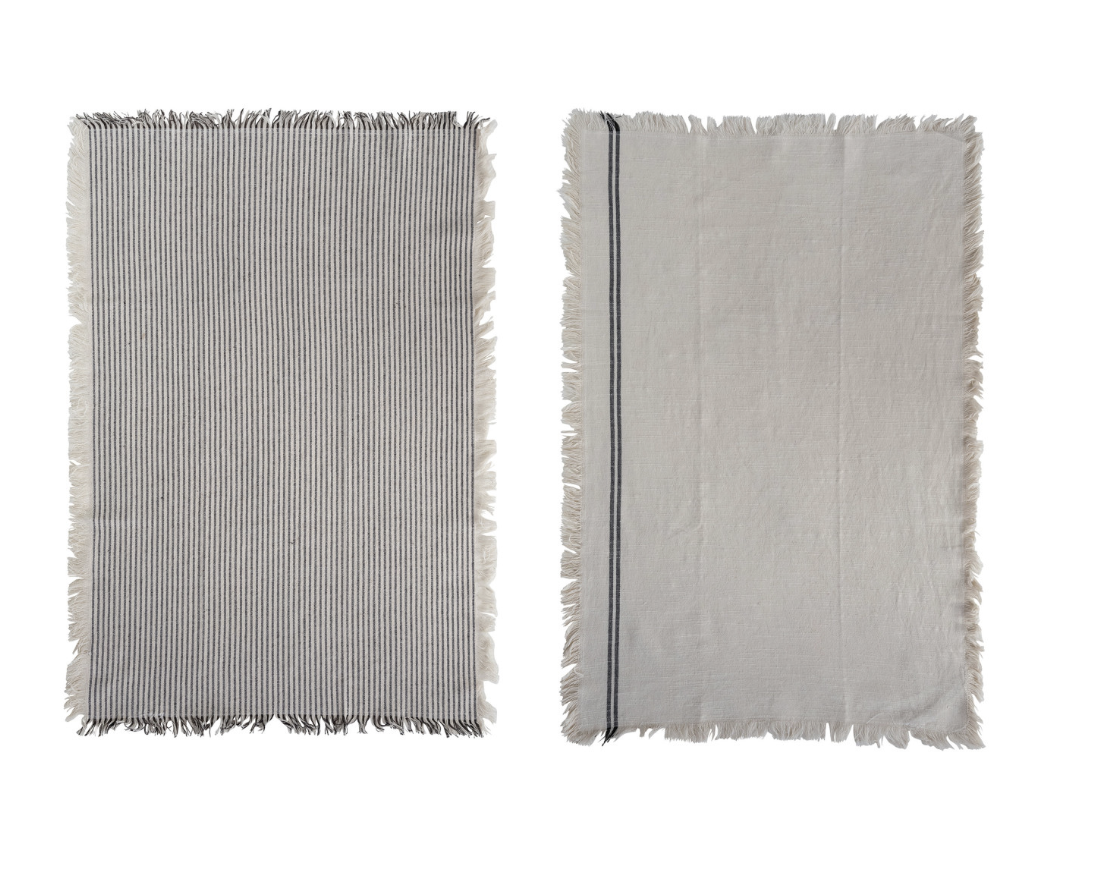 Mabel Woven Cotton Tea Towels w/ Stripes & Fringe, Set of 2