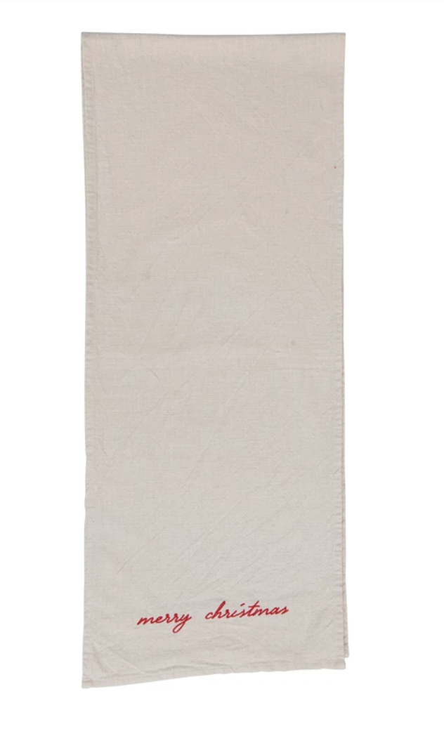 Cotton Table Runner with Embroidery "Merry Christmas", Cream Color and Red