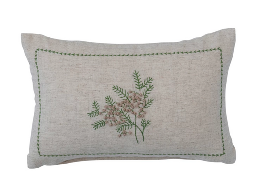 Cotton & Linen Lumbar Pillow w/ Botanical, Embroidery & French Knots