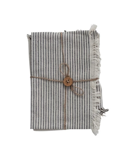 Mabel Woven Cotton Tea Towels w/ Stripes & Fringe, Set of 2