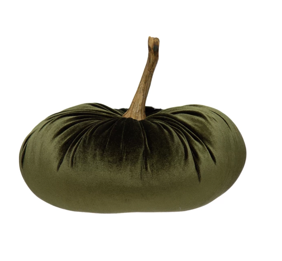 Large Green Velvet Pumpkin with Resin Stem, Green