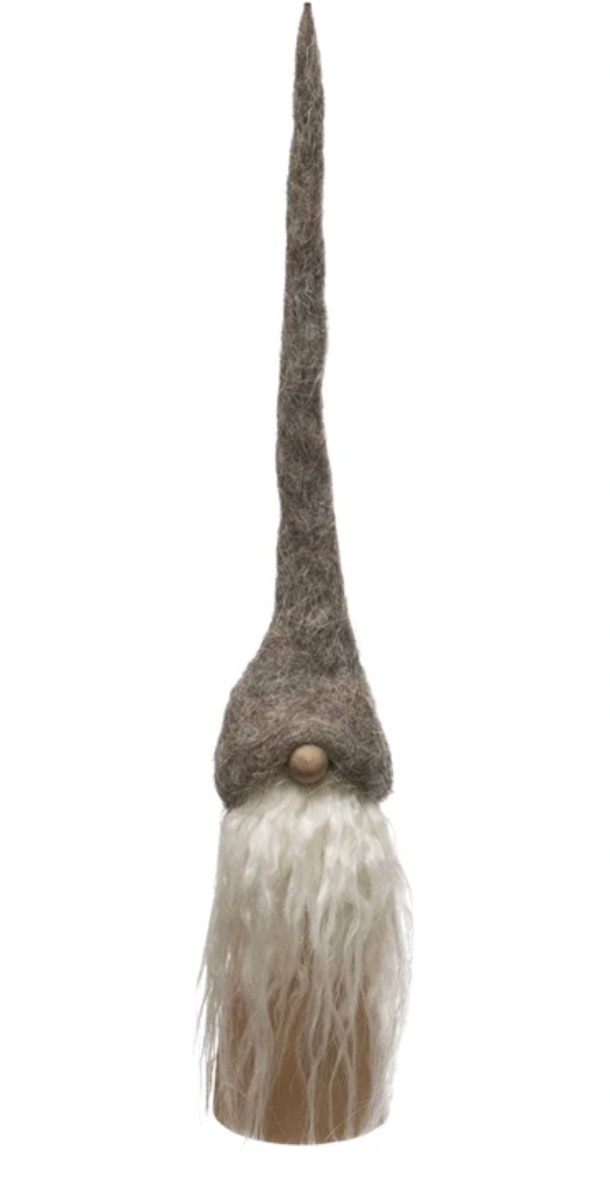 Gray Wool Felt Gnome with Tall Hat on Wood Base