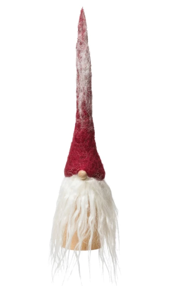 Red Wool Felt Gnome with Tall Hat on Wood Base