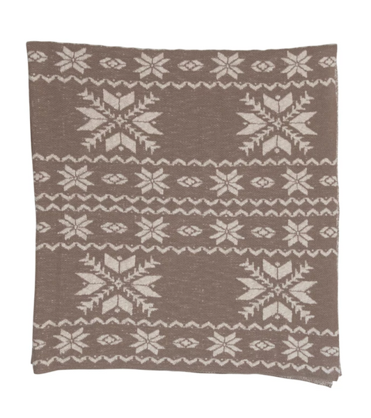 Cotton Knit Throw with Faire Isle Print, Tan and Cream Color