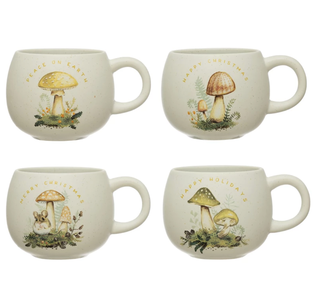 Mug with Mushroom Image and Holiday Greeting, 4 Styles
