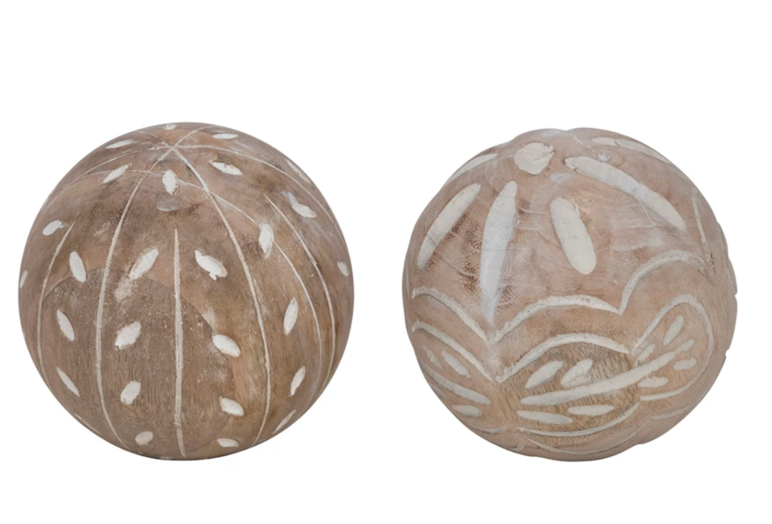 Hand-Carved Mango Wood Ball with Pattern, Whitewashed, 2 Styles