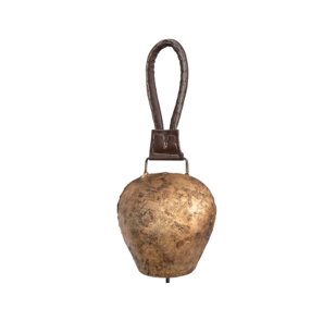 Medium Metal Bell with Leather Hanger, Heavily Distressed Antique Brass Finish
