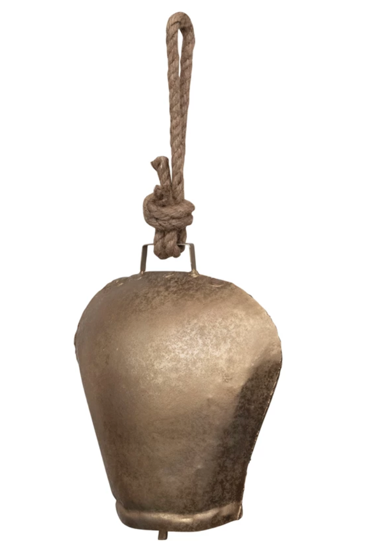 XL Metal Bell on Jute Rope, Antique Brass Finish