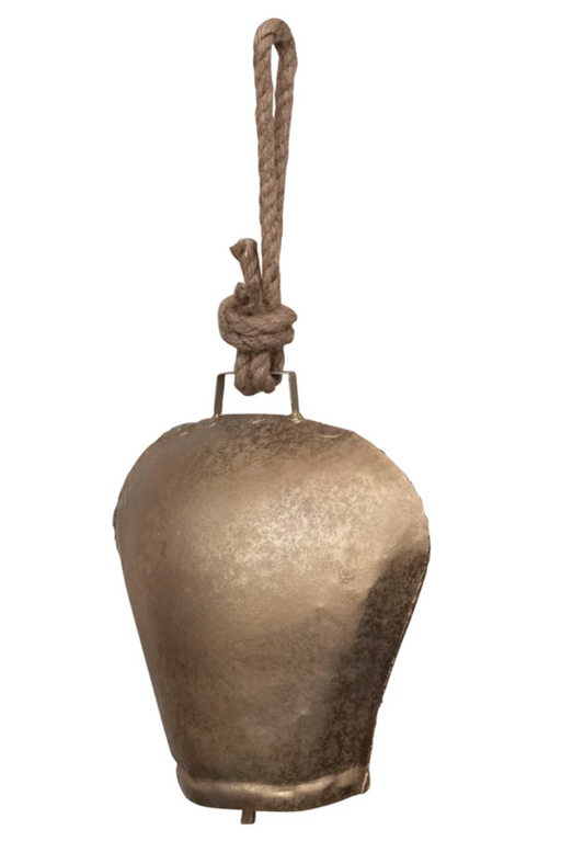 XL Metal Bell on Jute Rope, Antique Brass Finish
