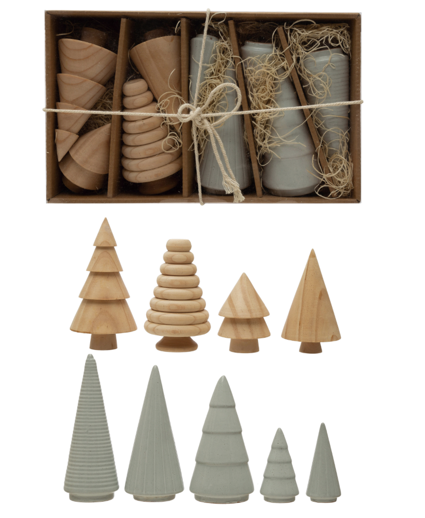 Pine Wood and Stoneware Trees, Natural and White, Boxed Set of 9