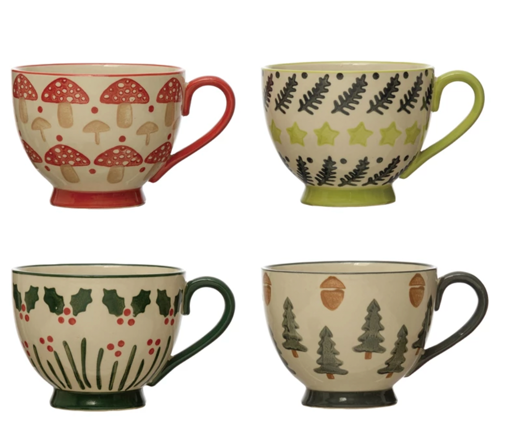 Cottage Mushroom Stoneware Mug with Pattern, 4 Styles