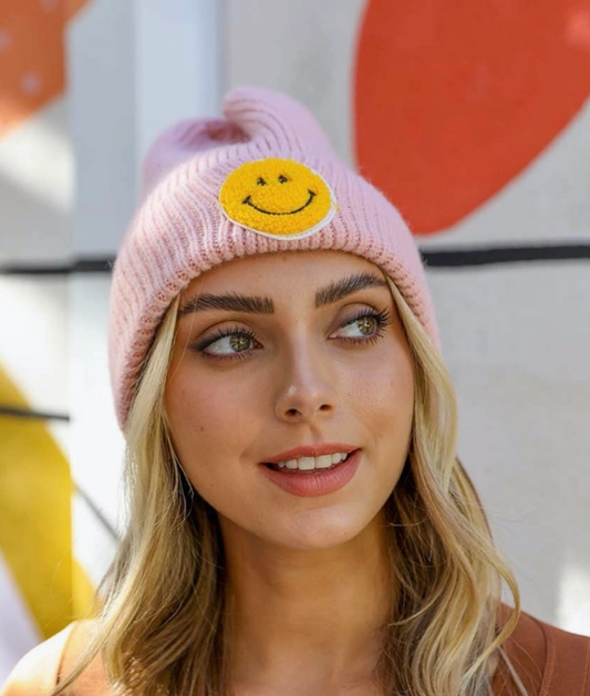 Pink Smiley Face Ribbed Beanie Hat