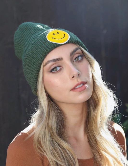 Green Smiley Face Ribbed Beanie