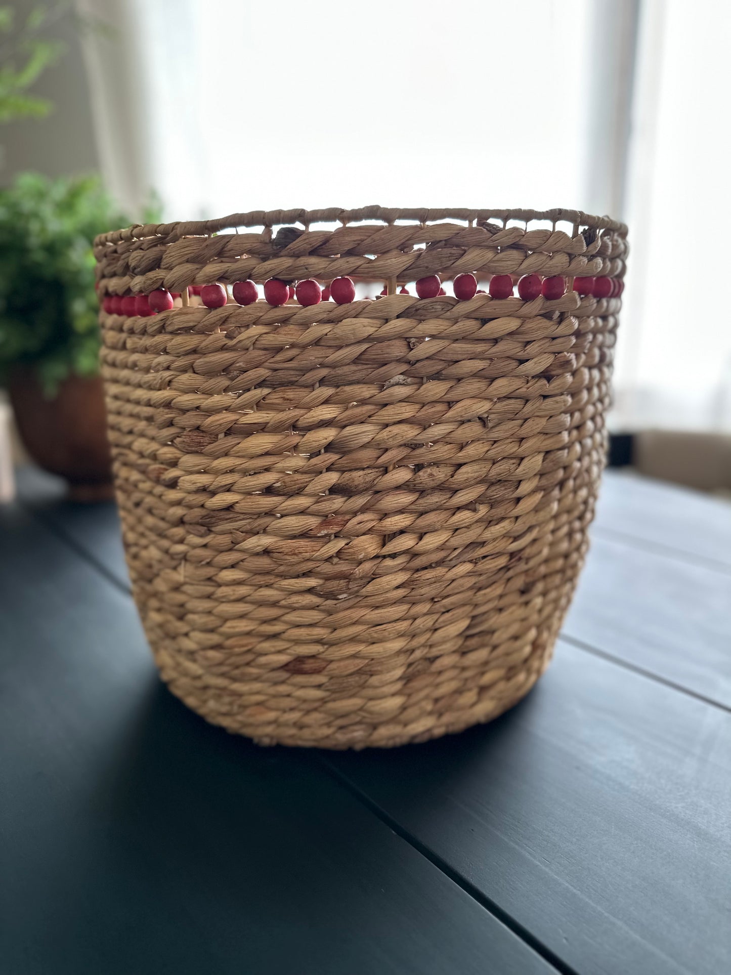 Large Round Basket w/ Red Beads
